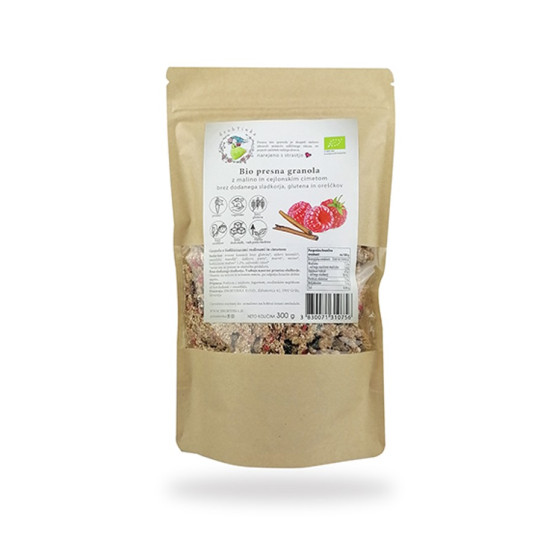 BIO presna granola z malino in ceylonskim cimetom, 300g