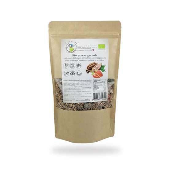 BIO presna granola s čokolado in jagodami, 300g